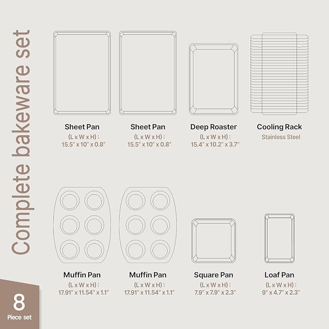 Bakken 8-Piece Ceramic Coated Bakeware Sets, Nonstick Aluminized Steel Pans with Muffin, Loaf, Cake, Roasting Pan, & Cooling Rack, Oven Safe Up To 500°F, Dishwasher Safe, BPA, PTFE & PFAS Free, Black