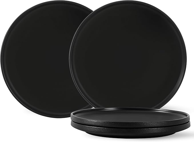8 Inch Plates, Matte Black, Set of 4 | Matte Glaze Stoneware, Microwave Safe, Dishwasher Safe, For Salads & Desserts