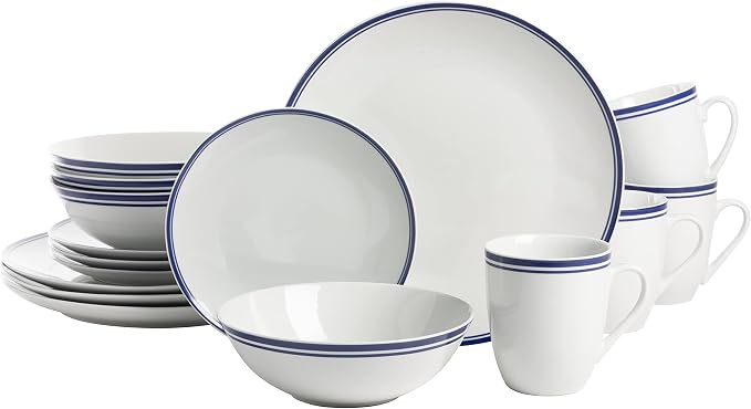 10 Strawberry Street Café Stripe 16 Piece Coupe Dinnerware Set, Blue