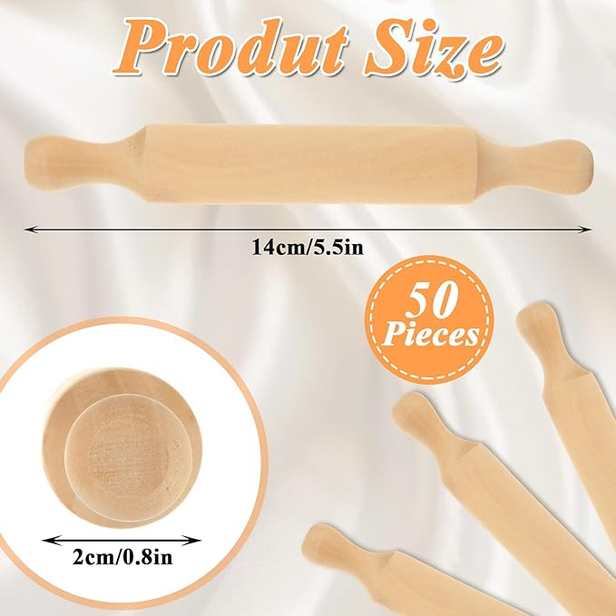 50Pcs Mini Rolling Pin, 5.5 Inches Mini Wooden Rolling Pins, Small Dough Rolling Pins for Imaginative Play and Baking Pastry Pizza Cookie Create, Halloween and Christmas Presents