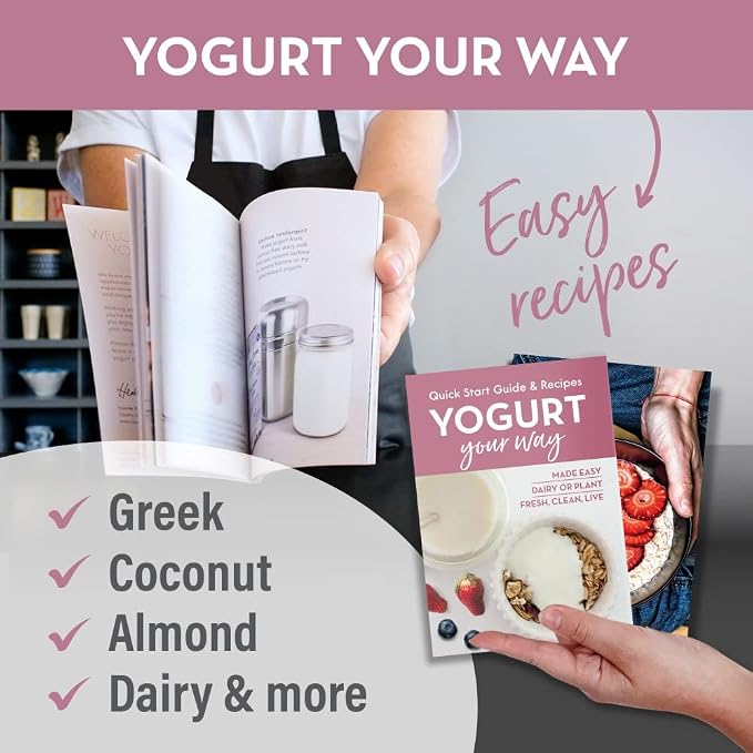Stainless Steel Yogurt Maker with 1 Quart Glass Jar and Complete Recipe Book to Make 12+ Easy Homemade Dairy Free and Milk Yogurts