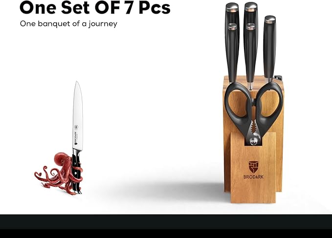 BRODARK Knife Set: 7 Piece Ultra Sharp Kitchen Knife Set Without Steak Knives, Knives Set for Kitchen with High Carbon Super Steel & Ergonomic Handle, Acacia Wood Block with Scissors and Sharpener