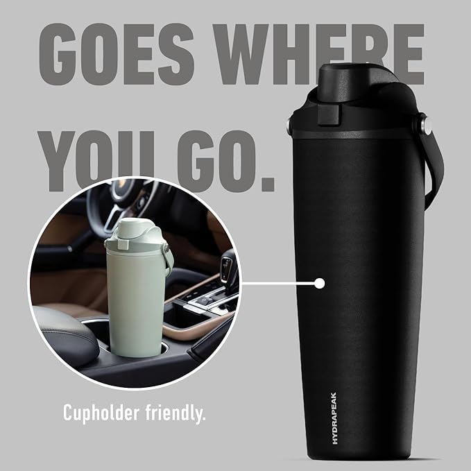 Hydrapeak Roamer 32oz Insulated Water Bottle with Straw Lid w/Lock & Handle, Leakproof Stainless Steel, Rubber Grip Base, Travel and Cupholder Friendly, Keeps Drinks Cold 24 Hours (Black)