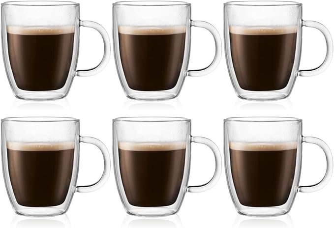 Bodum 10oz Bistro Double Wall Insulated Mug, High-Heat Borosilicate Glass, Set of 6, Clear