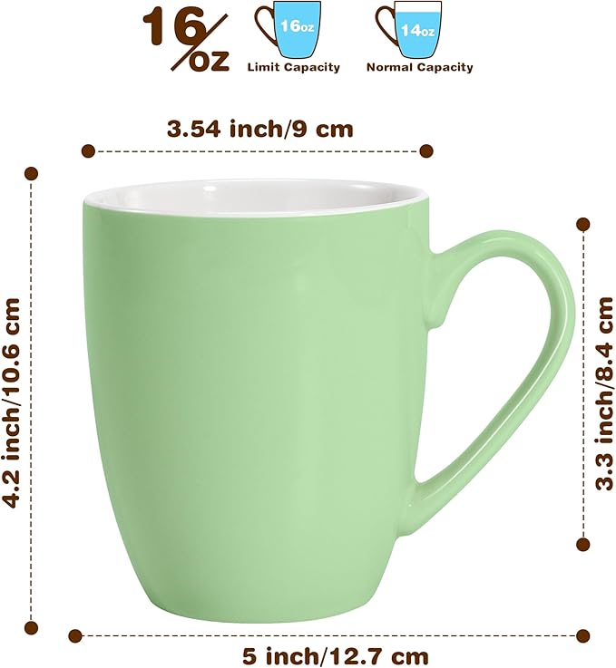 Urbanstrive 16 oz Large Coffee Mugs Set of 6 Ceramic Coffee Mug White Coffee Cups Tea Cups Idea Gift for Women Men House Warming Gifts New Home Office, Mint Green 6 Pack