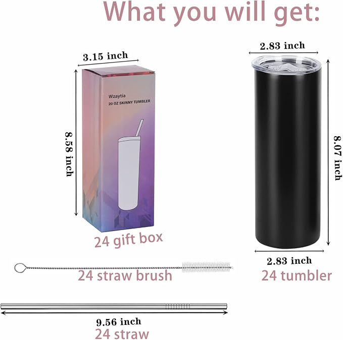 24 Pack 20 Oz Straight Skinny Tumblers,Individually Gift Boxed Stainless Steel Slim Skinny Tumbler Set Bulk, 20 Oz Insulated Slim Thin Travel Tumbler Cup for Diy, Black