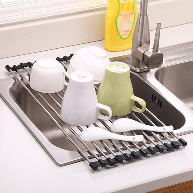Sink Drainer Rack, Over Sink Roll Up Dish Drying Rack, Stainless Steel Fruit Vegetable Drainer for Kitchen Counter, Collapsible & Space-Saving, Fits Most Sinks(23 * 47cm)