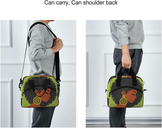 Reusable Lunch Bag for Girls Women,African American Woman Lunch Box Container with Detachable Shoulder Strap,Insulated Lunch Coolers for School Office