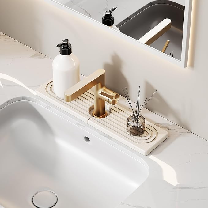 16 Inch Stone Faucet Mat for Kitchen Sink Splash Guard - Diatomite Quick Dry Stone Mat Kitchen Sink Protectors, Water-Absorbent Faucet Handle Drip Catcher Tray with Drainage (White, 15.7" x 3.9")
