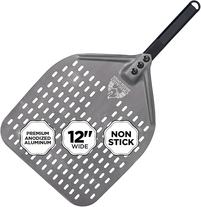 Chicago Brick Oven Perforated Pizza Peel - 12"x15" Anodized Aluminum Pizza Steel, 11" Handle, 26" Overall Length - Ideal Pizza Turning Peel for Pizza Oven, Brick Oven, Baking Bread