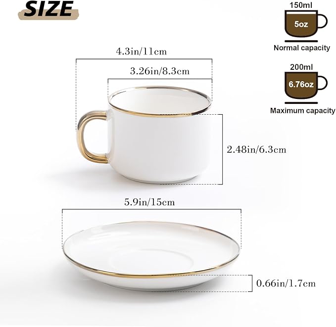 Agyiuns Tea Cups and Saucers with Gold Trim, 6.76 Ounce White Porcelain Tea Set & Coffee Cups for Latte, Cafe Mocha, Tea-Set of 4,Porcelain Mugs for Kitchen or Cafe(white and gold)