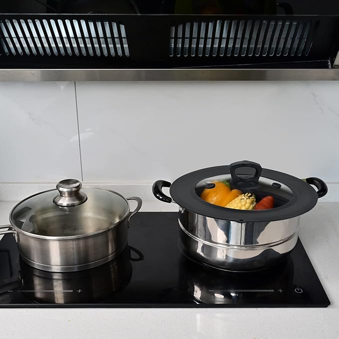 Vented Tempered Glass Universal Lid for Pot Pan Skillet with Heat Resistant Silicone Rim Microwave Splatter Lid Cover Microwave Safe Fit 6.5" 7" 7.5" Cookware, Dishwasher Safe Black