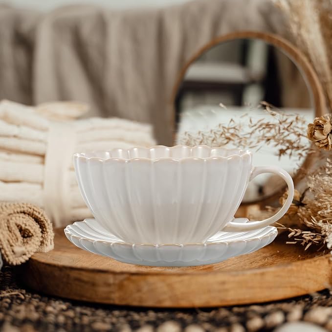 BESTOYARD Ceramic Coffee Cup and Saucer Set – 6.10"" x 6.10"" x 0.98"", 19.4 oz White Porcelain Heat-Retentive for Hot Beverages – for Home, Office, Café, Tea Lovers & Coffee Enthusiasts