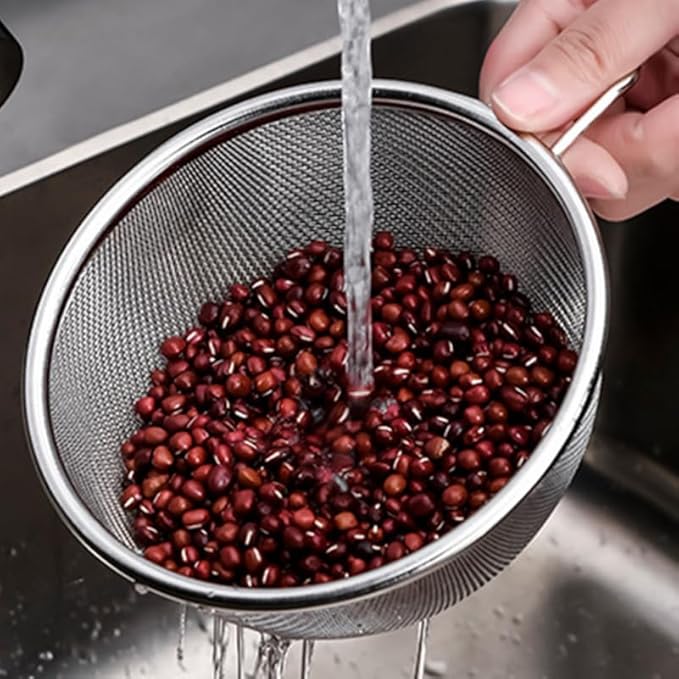 Zerodeko Stainless Steel Colander with Handle and Basin 4.60X2.48X2.20In Multipurpose Food Strainer for Washing Fruits Vegetables and Rice with Fast Drainage and Smooth Edges