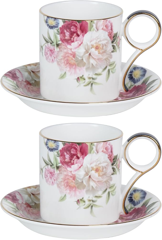 KAMMAK Tea Cups and Saucers Set of 2, Porcelain Coffee Cups, Stackable Espresso Mugs, Ceramic Demitasse for Coffee, Cappuccino, Latte, Americano, Tea, Gray