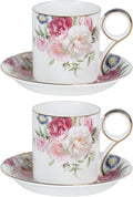 KAMMAK Tea Cups and Saucers Set of 2, Porcelain Coffee Cups, Stackable Espresso Mugs, Ceramic Demitasse for Coffee, Cappuccino, Latte, Americano, Tea, Gray