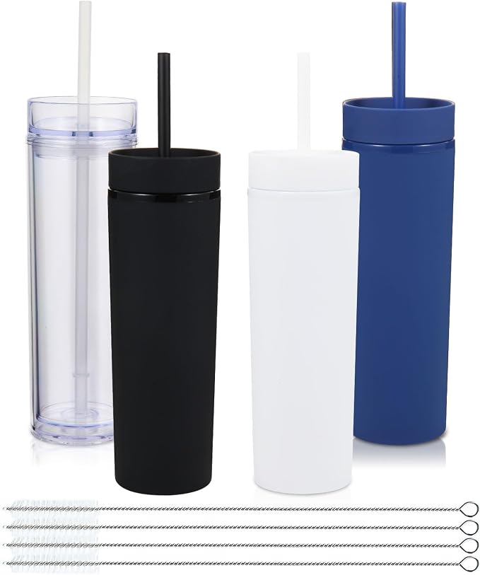 Volhoply 16oz Plastic Skinny Tumbler With Lid and Straw Bulk 4 Pack,Insulated Double Wall BPA Free Matte Acrylic Tumblers,Iced Coffee Travel Reusable Party Cup,Customizable Diy Gifts(Assorted,4 Set)