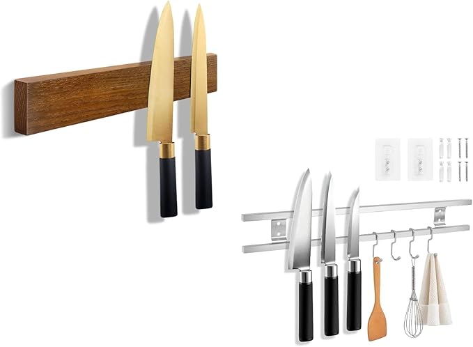 Magnetic Knife Holder Wood, 16" Knife Magnetic Strip No Drill Adhesive Knife Magnet Block, 17 Inch Magnetic Knife Holder with 4 Hooks, Dual Rod Strong Magnet Knife Bar for Partry Garage Tool Rack