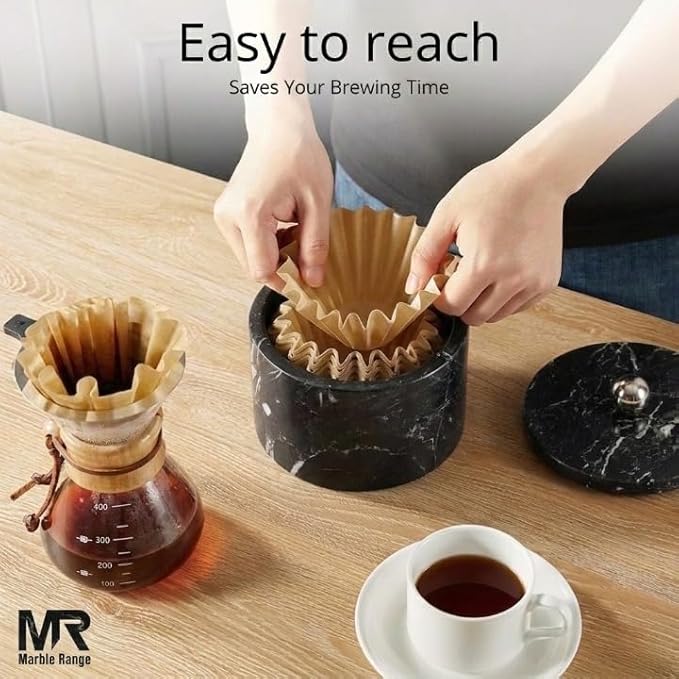 Marble Coffee Filter Holder – 6 inch Handmade Black Coffee Filter Holder with Lid, Storage Organizer for Kitchen Countertop & Bar Decor