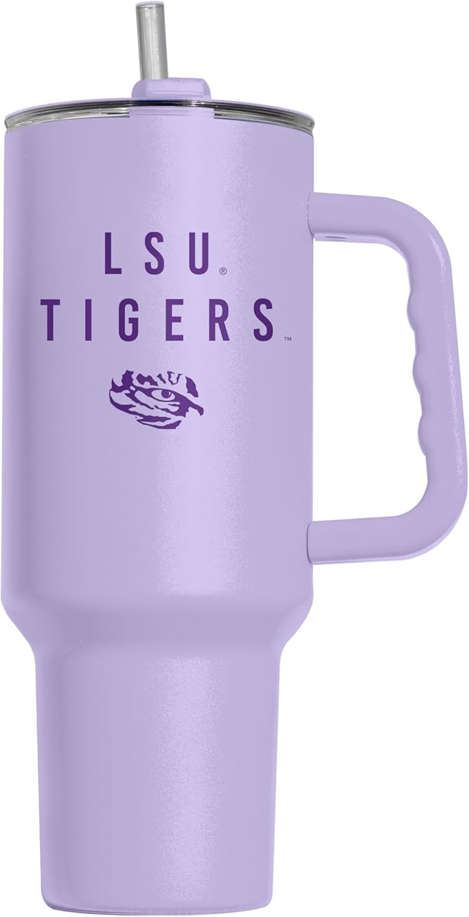 Logo Brands NCAA LSU Tigers Lavender 40 oz Tumbler with Handle - Stylish Everyday Use Powder Coated-Stainless Steel with Straw- Keeps Cold For Hours