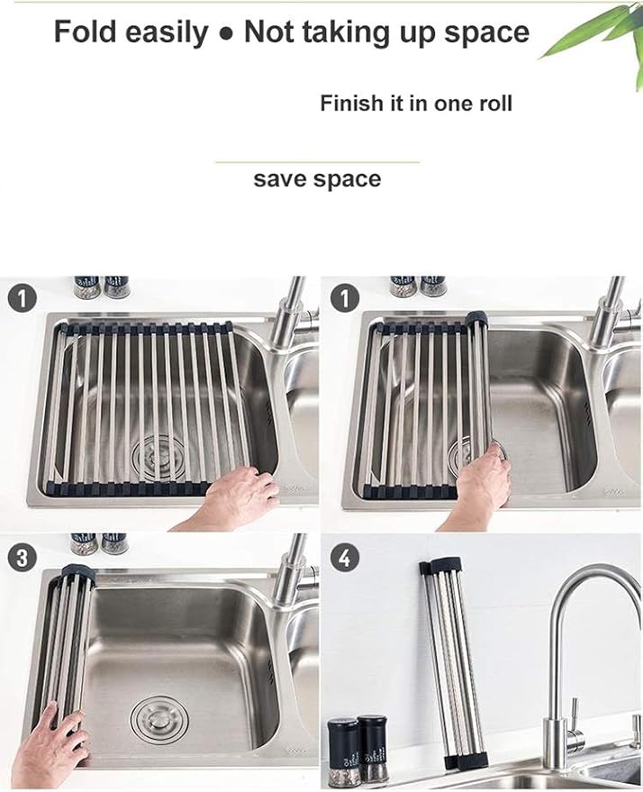 Roll Up Dish Drying Rack Over The Sink Dish Drying Rack Made of Stainless Steel and Silicone Coat Fruit and Vegetable Drying，for Kitchen Sink(41 * 33cm/16.14 * 13inch)