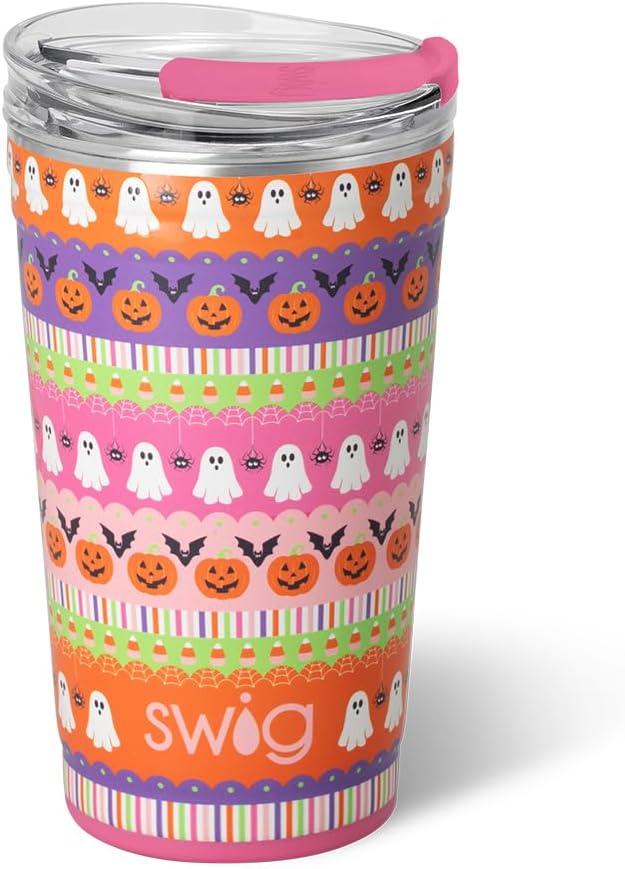 Swig Life 24oz Party Cup, Halloween Insulated Travel Coffee Tumbler with EZ Slider Lid, Cup Holder Friendly, Stainless Steel 24 oz Tumbler, Reusable Mug (Trick or Treat)