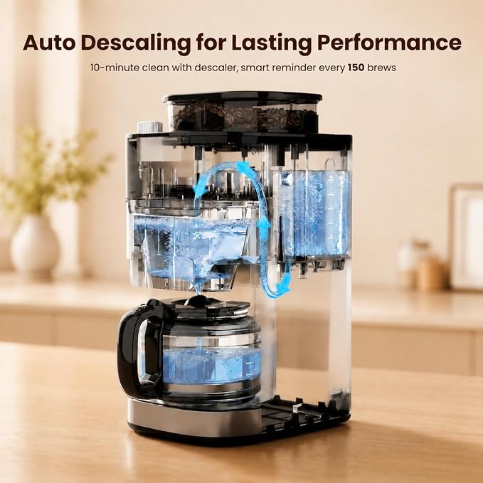 Kismile 10-Cup Digital Drip Coffee Maker with Built-In Grinder, Programmable, 24H Timer, Keep-Warm Function, Customizable Strength & Grind Size, Coffee Machines with Smart LED Touchscreen