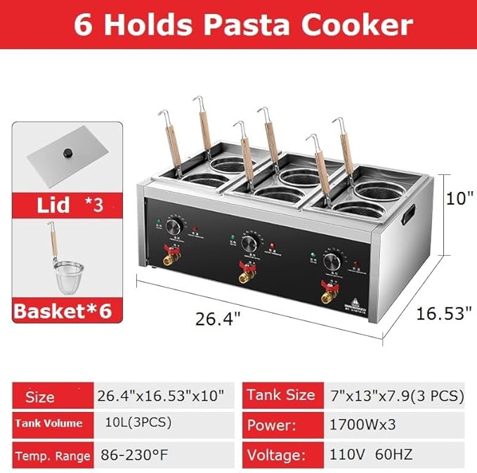 Commercial Pasta Cooker,Electric Macaroni Vegetable Dumpling Cooker, Noodle Cooking Machine Pasta Makers Boiler Machine Noodle Dumpling Maker with Noodle Filter,Drainage (6 Strainers)