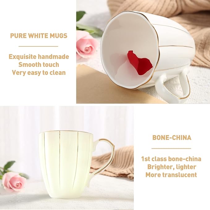 DUJUST Coffee Mug Set of 4(13.5oz), Luxury British Design with Handcrafted Golden Trims, 1st-Class Bone-china White and Gold Cup Set for Coffee, Tea&Milk, Beautiful&Graceful Top Fine Porcelain Cups