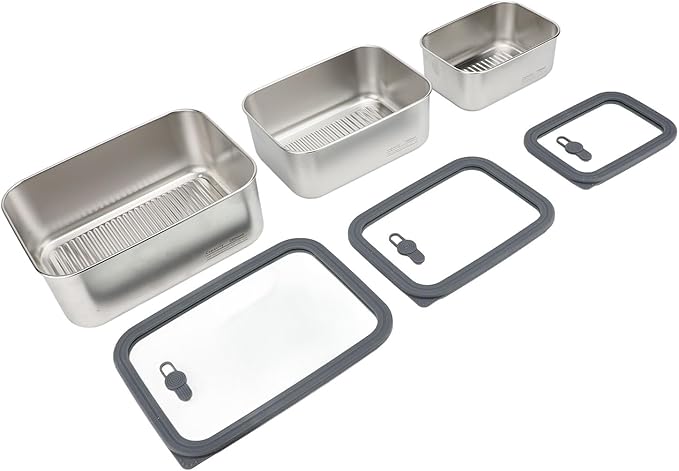 3PCS Food Storage Container Set 304 Stainless Steel Food Prep Container Lunch Box with Airtight Glass Lid for Kitchen