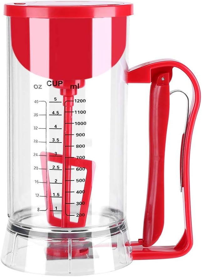Pancake Batter Dispenser Electric Mixer Separator for Cupcakes, Waffles, Cookies, Clear Marks, 40.58oz, Clear/Red