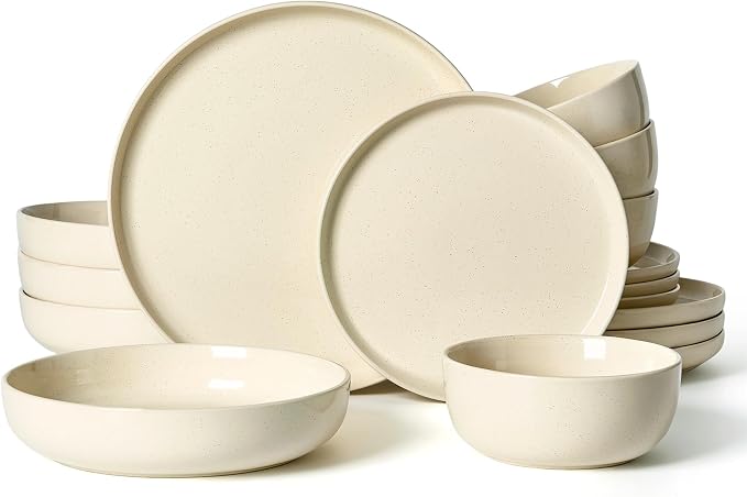 Famiware Milkyway Stoneware Dinnerware Set, 16-Piece, Including Pasta Bowl, Plates and Bowls for Everyday & Formal Dining, Service for 4, Microwave and Dishwasher Safe, Scratch-Resistant, Almond Milk