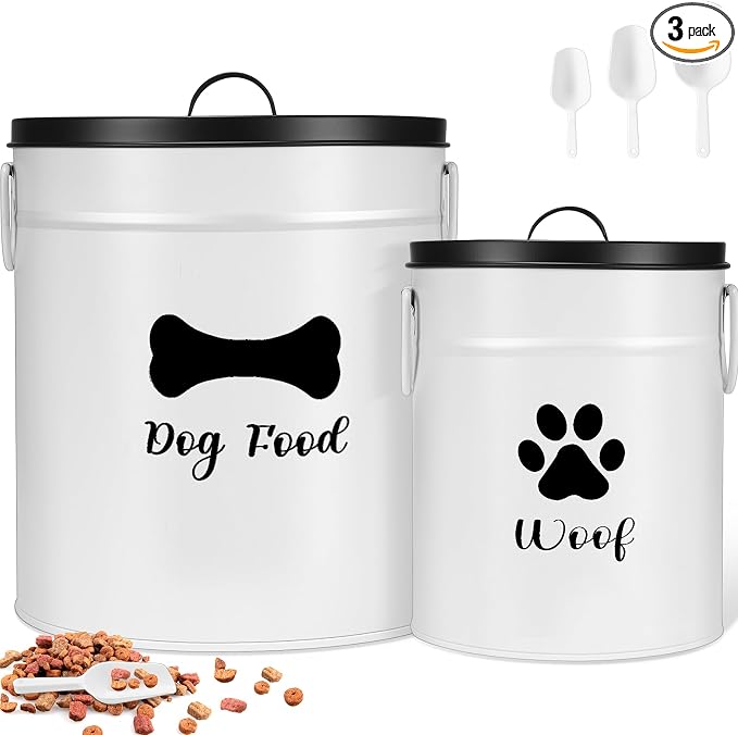 DoubleFill Extra Large 23+10 lb Metal Dog Food Storage Containers Set of 2 Airtight Dog Treat Snack Jars with Lids and Spoon Farm House Style Big Pet Cookie Jar for Kitchen Counter Gift