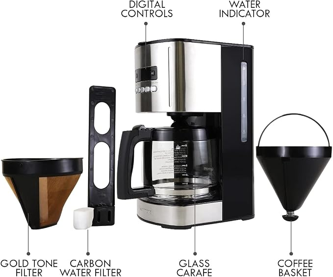 Kenmore Coffee Maker 12 cup Drip Coffee Machine Reusable Filter Programmable Timer Digital Display Aroma Control Glass Carafe Charcoal Water Filter Regular Bold Stainless Steel and Black
