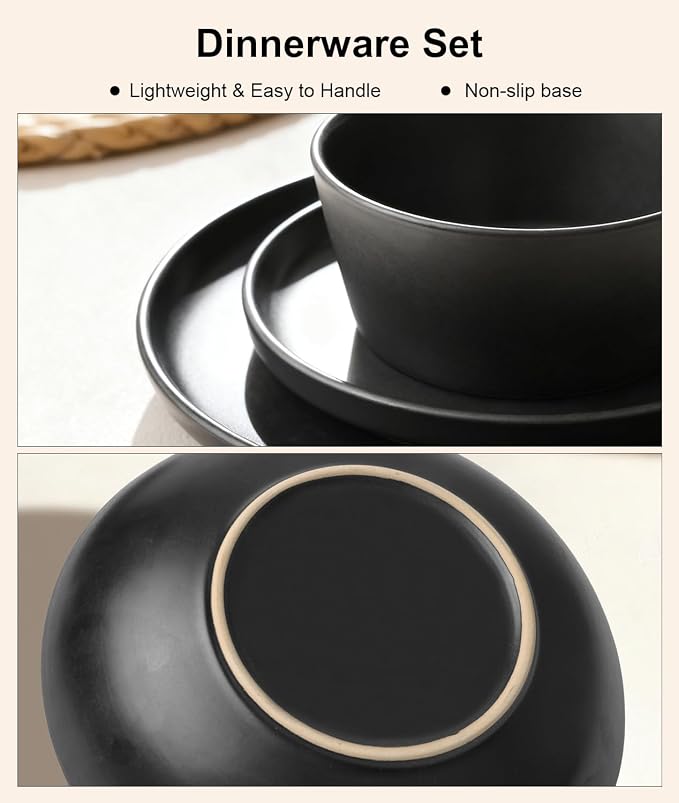 16 Pieces Ceramic Dinnerware set,Plates and Bowls Sets for 4,Black Dinnerware Set for Kitchen, Modern Design Plate Sets with Black Rim, Microwave and Dishwasher Safe