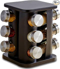Revolving Spice Rack Organizer with 12 Jars, Countertop Spice Seasoning Rack Tower with 12 Glass Jar Bottles Refillable for Kitchen Cabinet, Stainless Steel, Black