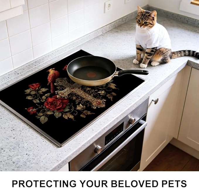 Stove Top Cover for Electric Stove 28.4 x 20.5 Inch Non Slip Stove Mat Oil Proof Gothic Cross Rose Glass Cooktop Protector Kitchen Mat