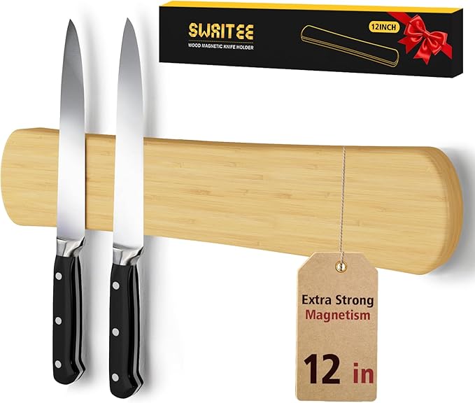 Swaitee Magnetic Knife Holder for Wall, 12 Inch Bamboo Magnetic Knife Strip, Kitchen Storage Organizer, Fridge Side Mount, Housewarming Gifts for New Home