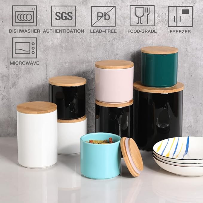 Sweejar Kitchen Canisters Ceramic Food Storage Jar Set, Stackable Containers with Airtight Seal Wooden Lid for Serving Ground Coffee, Tea, Herbs, Grains, Sugar, Salt - Set of 4 (White)