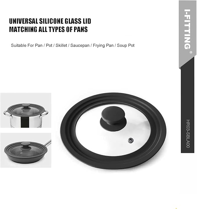 Universal Lid for Pots,Pans And Skillets,HR Huare Technology Tempered Glass with Heat Resistant Silicone Rim,Dishwasher Safe,Fit Cookware 10”,11”, 12”, Black,1 Pack