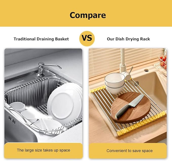1 2 4 Set Telescopic Drain Rack Roll Up Rack Heat-Resistant, Non-Slip Silicone Rolling Dish Drainer, Kitchen Stainless Steel Over The Sink Dish Drying Rack Mat(4PCS,W 34.5cm/13.6in)