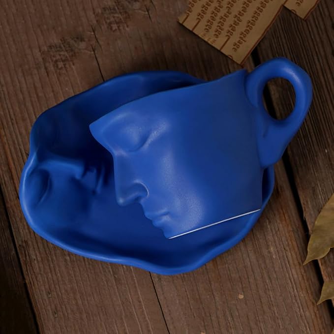 Human Face Ceramic Coffee Mug, 8.8oz/260ml Kissing Coffee Cup with Saucer Coffee Spoon, Tea Cup Milk Latte Espresso Cappuccino Juice Beverage Iced Tea Water Cups Drinkware (Blue)