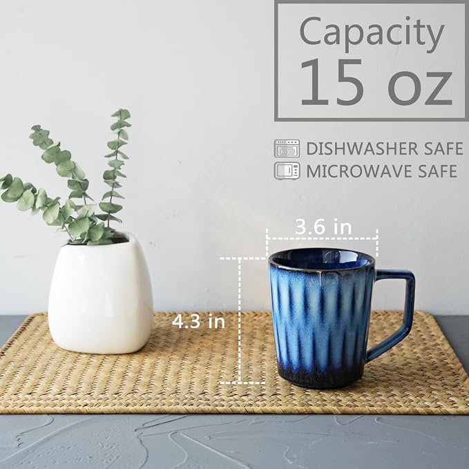 Bosmarlin Ceramic Coffee Mug Set of 4, 15 Oz, Coffee Cups with Big Handle, Microwave Safe, Unique Reactive Glaze (Royal Blue, 15 Oz)