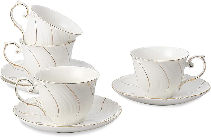 Agyiuns tea cups and saucers ceramic coffee mug 6oz for Coffee, Latte, Cafe Mocha and Tea-Set of 4, White