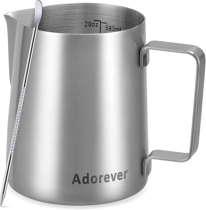 Milk Frothing Pitcher, 20oz Stainless Steel Milk Frother Cup Steaming Pitcher, Cappuccino Espresso Accessories Coffee Bar Barista Tools, Metal Steamer Cup Milk Jug with Latte Art Pen, Matte Steel