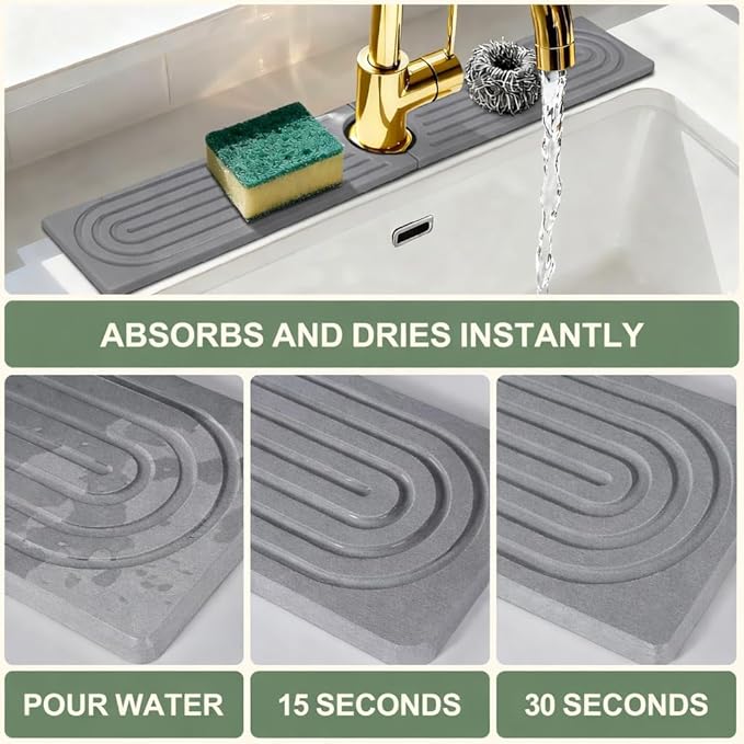 Meiliweser Faucet Mat for Kitchen Sink, Diatomite Quick Drying Stone Mat & Sink Protector, 23.6" x 4" Kitchen Sink Splash Guard, Absorbing Stone Tray for Bathroom Counter (Dark Gray)