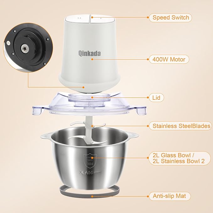 Qinkada Food Processors with 2 Bowls, 400W Meat Grinder, Food Chopper Electric, 2 Speed, 8Cup Glass and 8Cup 304 Stainless Steel, 2 Blades, Spatula (White)