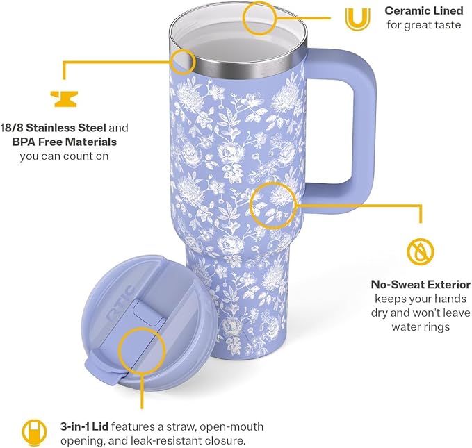 RTIC 40 oz Road Trip Tumbler Double-Walled Cermaic Lined Insulated Stainless Steel Portable Travel Coffee Mug Cup with Lid, Handle and Straw, Periwinkle Bouquet