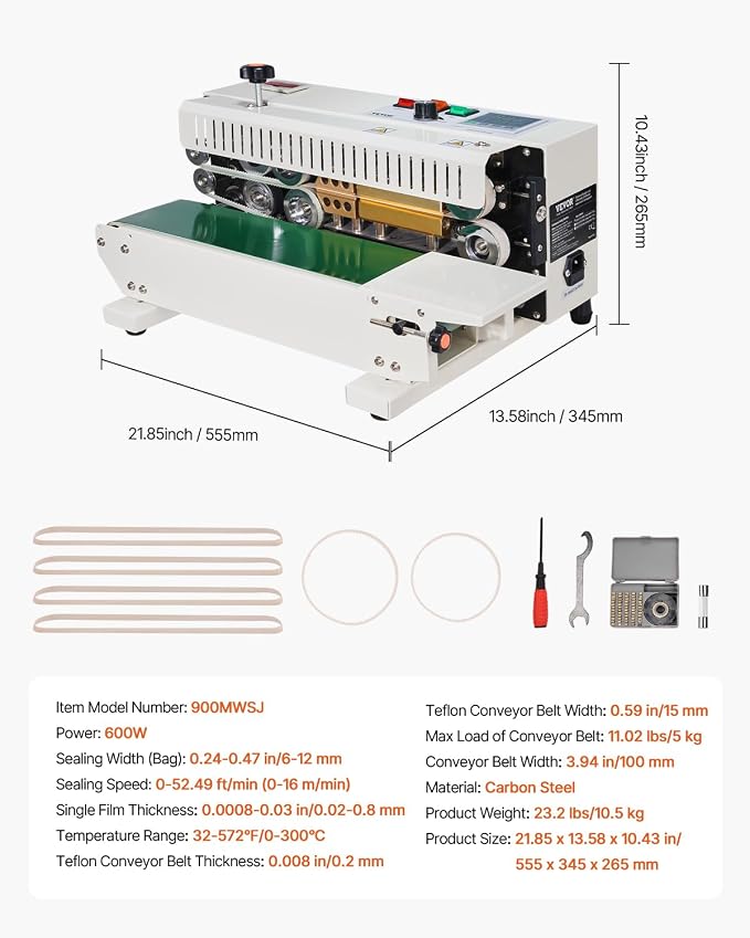 VEVOR Continuous Bag Band Sealing Machine FR900K Band Sealer Machine with Digital Temperature Control Horizontal Bag Sealer for 0.02-0.08 mm Plastic Bags Continuous Band Sealer w/Printing Function