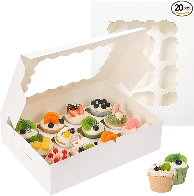 TOMNK 20pcs Cupcake Boxes, Cupcake Boxes 12 Count, 13x10x3.5 Inch White Containers Bakery Holders with Windows and Inserts to Fit Muffins, Cookies